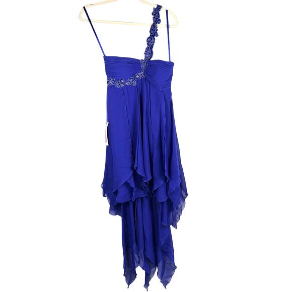 Y2K Fairygrunge Prom Dress Sz 3/4 Blue Purple Beaded One Shoulder Asymmetric Hem - Picture 1 of 16